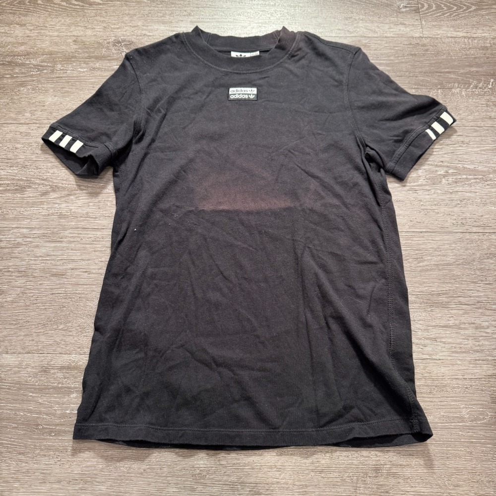 Adidas Shirt Boys Small Black Short Sleeve Tee Logo Spellout Vintage Stripe